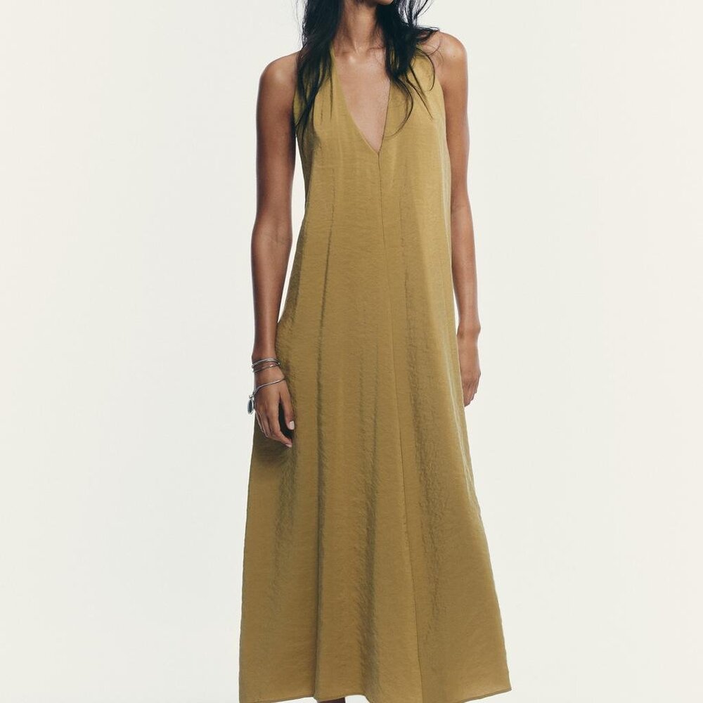 Zara Flowy Halter Midi Dress, Olive Green, Size M, NWT!